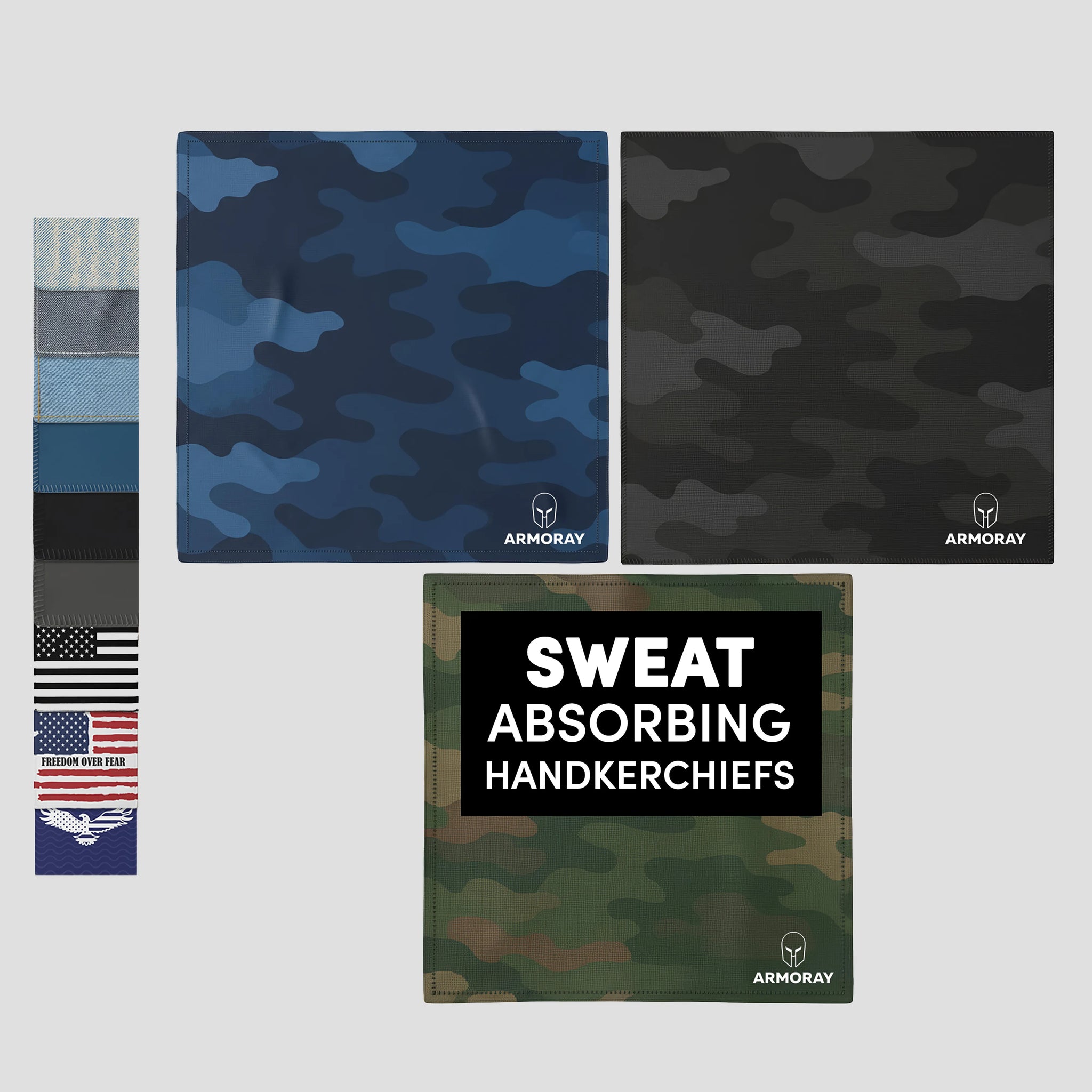 Displayed are three camouflage-patterned UltraSoft Sweat Absorbing Handkerchiefs from ARMORAY®, accompanied by a stack of assorted designs to the side. One handkerchief features the text “Sweat Absorbing Handkerchiefs,” highlighting their suitability for gym workouts. The prominent ARMORAY® logo underlines these reusable cotton sweat towels’ ability to keep you dry and comfortable.