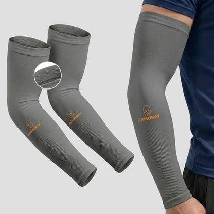 ARMORAY Armoray® Silicone Grip SecureFit™ Arm Sleeves, displayed both on an arm and individually, showcase their advanced fabric texture, silicone grip for a secure fit, and detailed design elements engineered for superior sun protection.