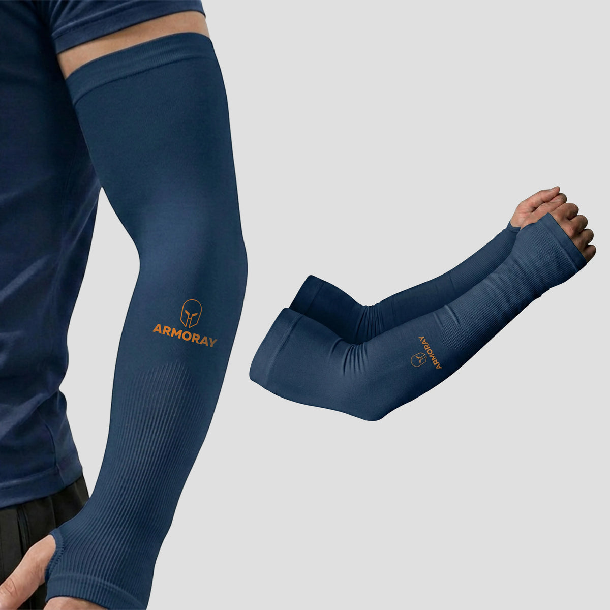 Two blue Armoray® Thumbhole Arm Sleeves — Designed for Total Protection by ARMORAY, featuring thumbholes for extended hand coverage and enhanced sun protection; one sleeve is shown being worn, while the other is displayed flat against a light gray background.