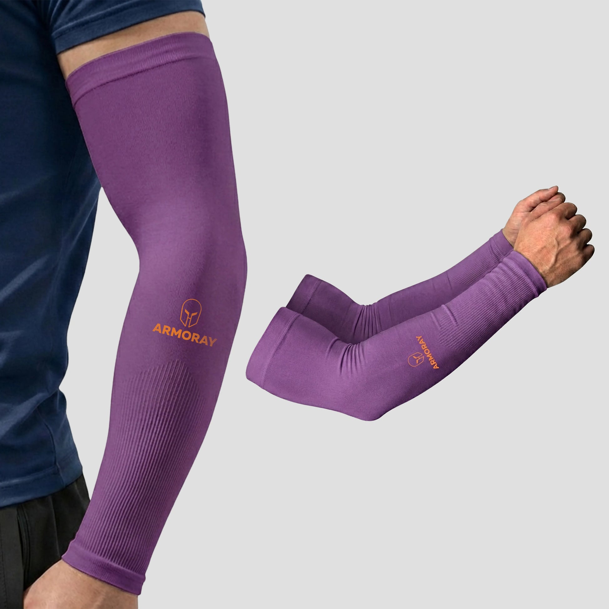A person wears a purple ARMORAY Armoray® Classic Arm Sleeve, enjoying cool comfort and protection; a separate pair of the same sleeves is displayed on a gray background.