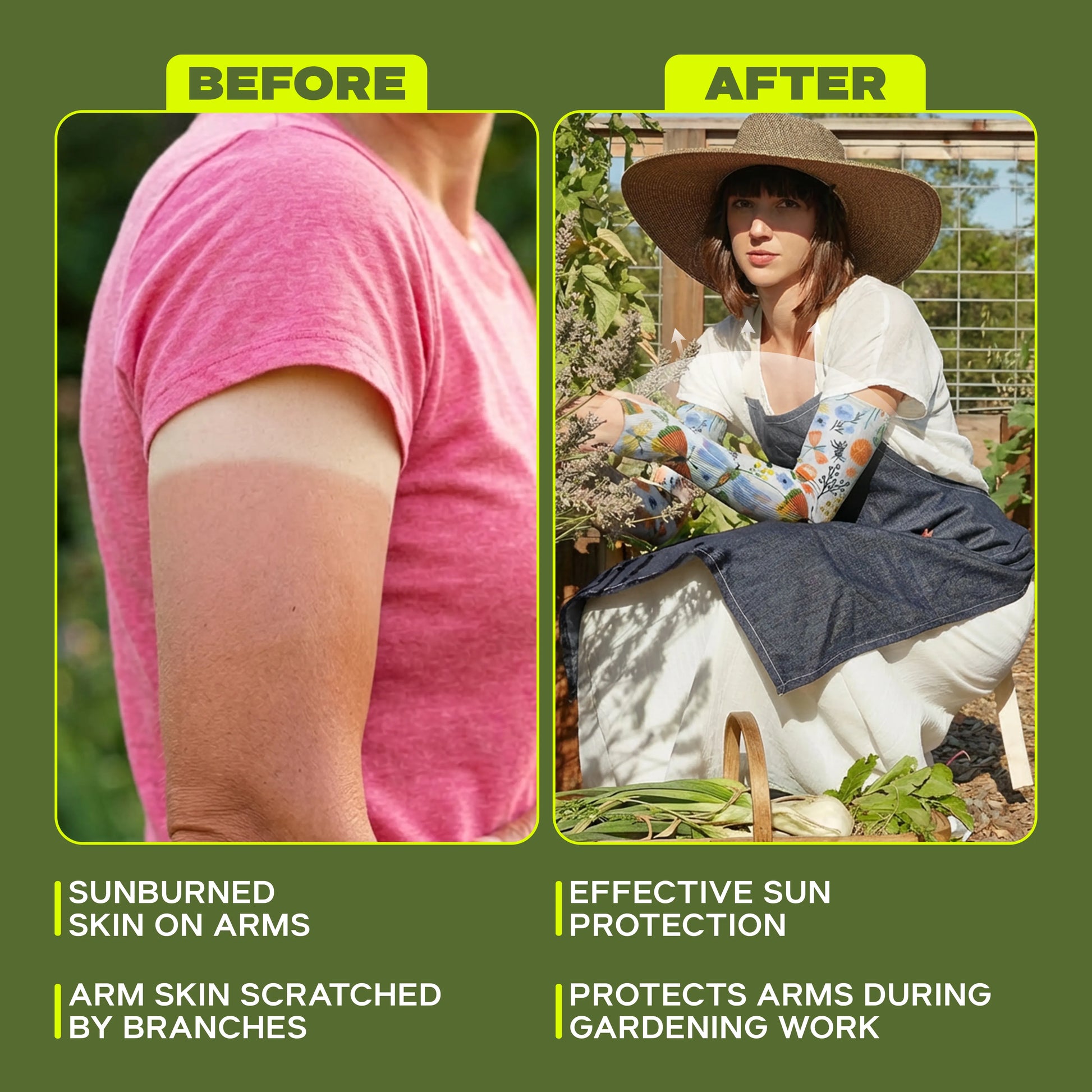 Side-by-side comparison showing a sunburned, scratched arm before versus arms protected with Armoray® Garden Collection Arm Sleeves — Designed to Delight Outdoors by ARMORAY after. Text highlights the superior UPF 50+ sun protection and added comfort these sleeves offer while gardening.