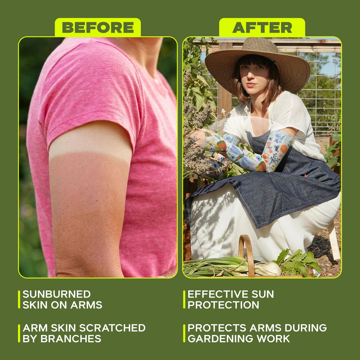Side-by-side comparison showing a sunburned, scratched arm before versus arms protected with Armoray® Garden Collection Arm Sleeves — Designed to Delight Outdoors by ARMORAY after. Text highlights the superior UPF 50+ sun protection and added comfort these sleeves offer while gardening.