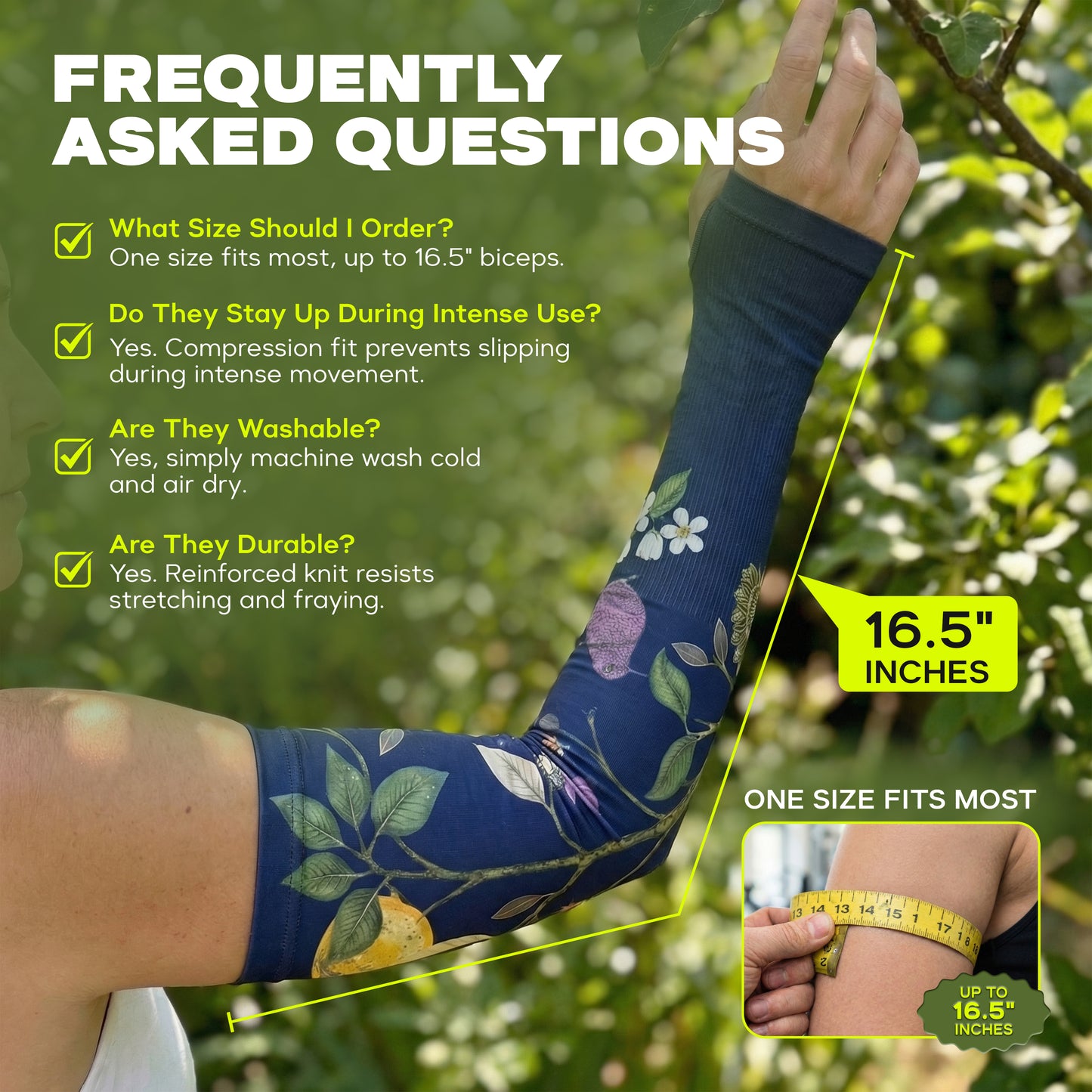 A person measures their bicep while wearing the ARMORAY Basics Armoray® Garden Collection Arm Sleeve, which offers UPF 50+ sun protection, fits arms up to 16.5", and includes answers to common questions.