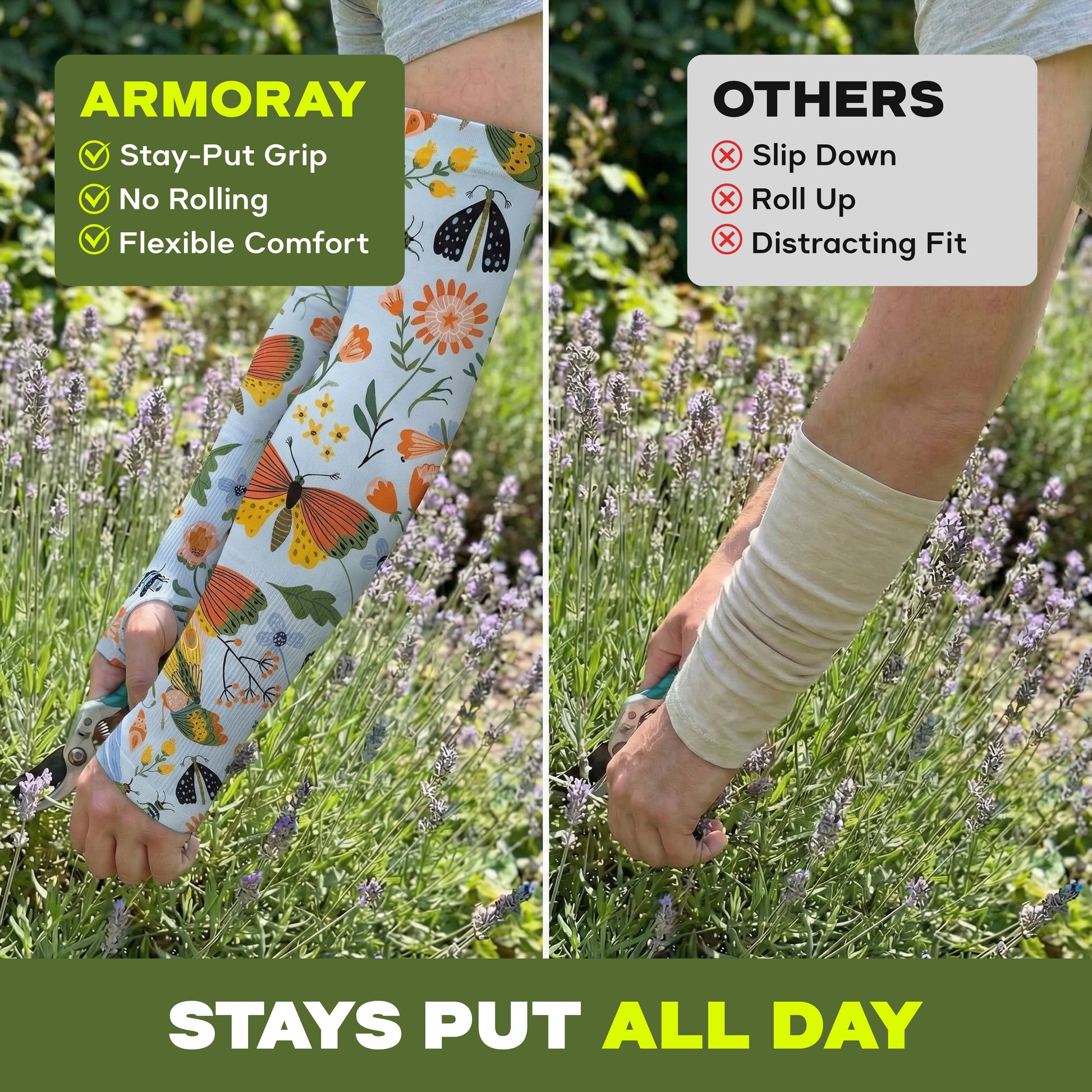 Comparison of Armoray® Garden Collection Arm Sleeves by ARMORAY Basics—featuring a vibrant butterfly design, UPF 50+ sun protection, and secure fit—versus a plain beige sleeve that slips. Emphasizes comfort and staying power.
