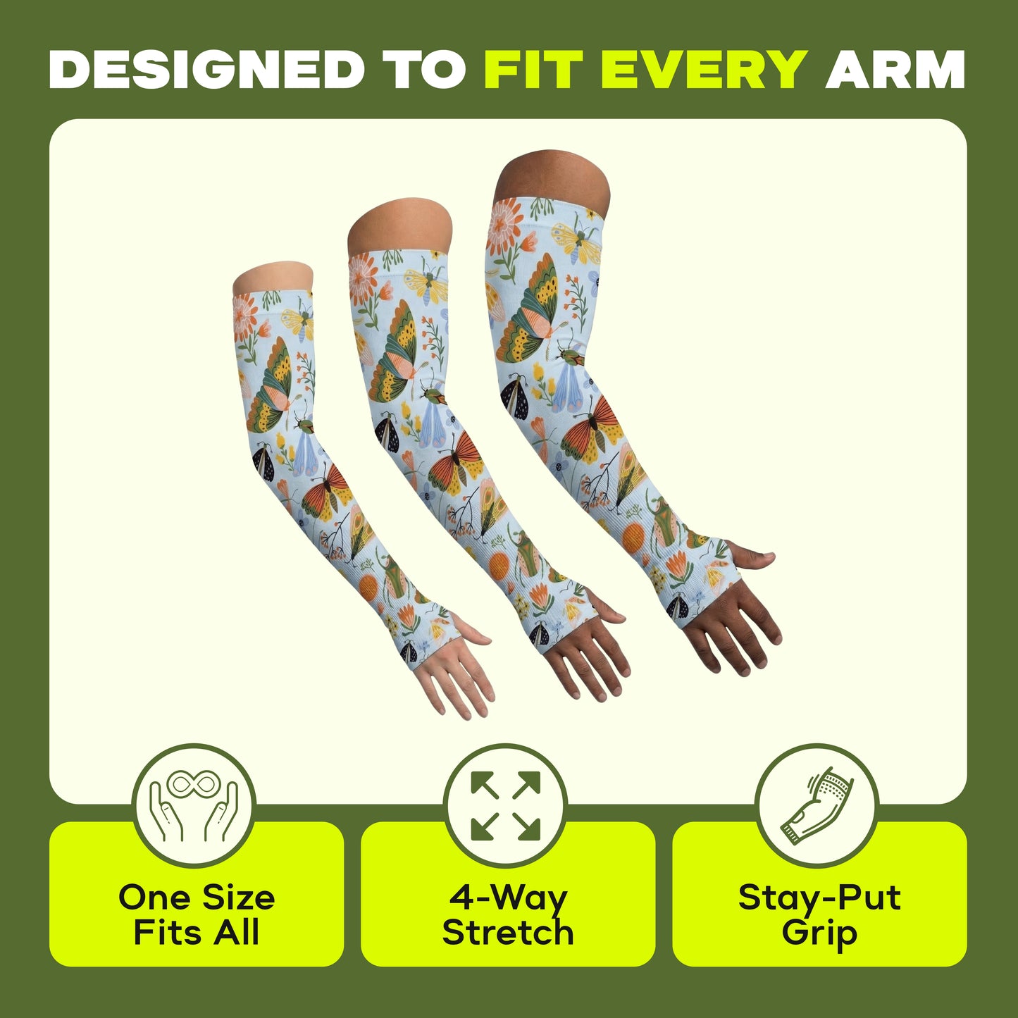 Three arms of various sizes wear ARMORAY Basics Armoray® Garden Collection Arm Sleeves—showing the one-size-fits-all design, 4-way stretch, UPF 50+ sun protection, and stay-put grip for reliable comfort outdoors.