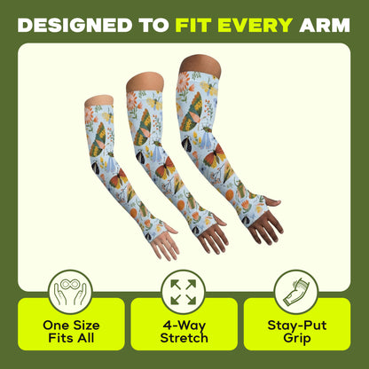 Three arms of various sizes wear ARMORAY Basics Armoray® Garden Collection Arm Sleeves—showing the one-size-fits-all design, 4-way stretch, UPF 50+ sun protection, and stay-put grip for reliable comfort outdoors.