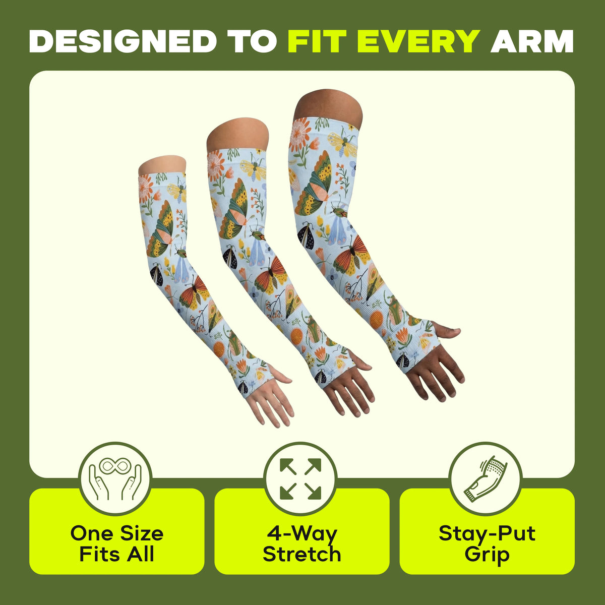 Showcasing three different-sized arms adorned with ARMORAY Armoray® Garden Collection Arm Sleeves — Designed to Delight Outdoors, the image emphasizes features such as “One Size Fits All,” “4-Way Stretch,” and “Stay-Put Grip.” These UPF 50+ sleeves offer stylish and comfortable sun protection for every gardener.