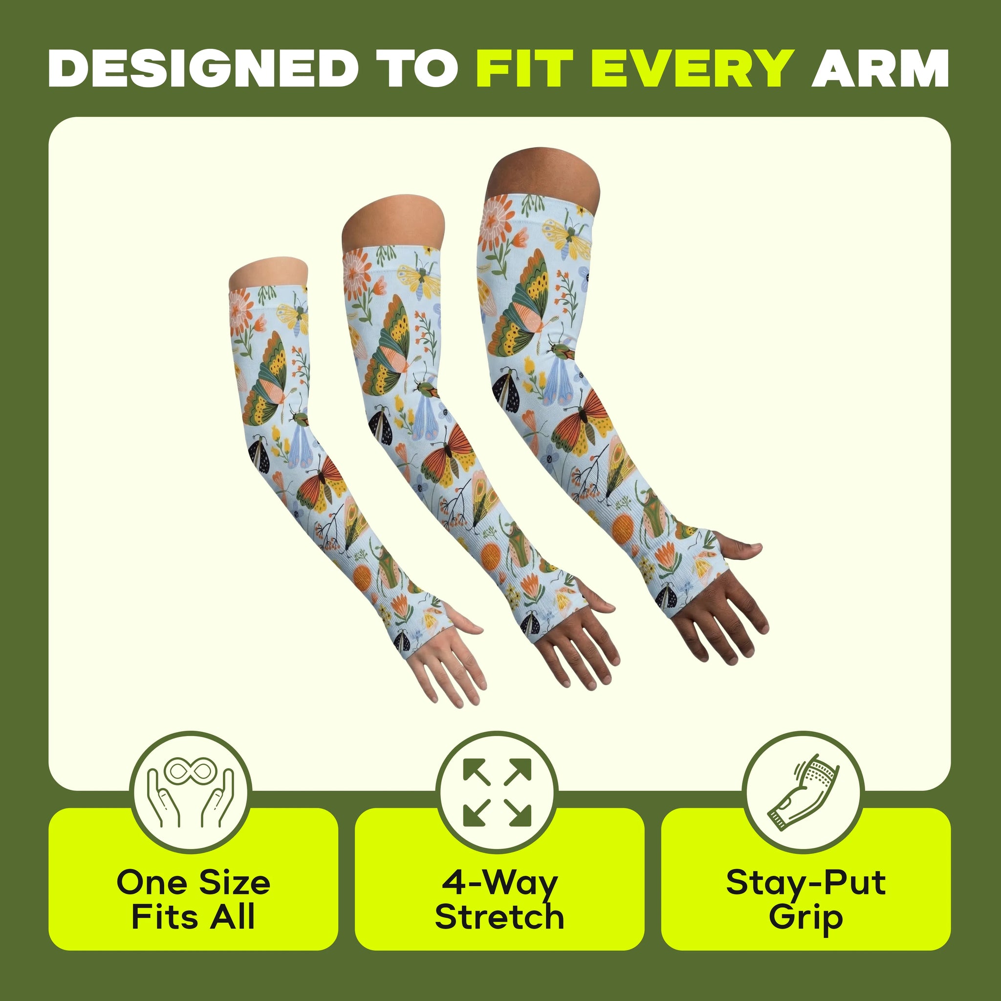 Showcasing three different-sized arms adorned with ARMORAY Armoray® Garden Collection Arm Sleeves — Designed to Delight Outdoors, the image emphasizes features such as “One Size Fits All,” “4-Way Stretch,” and “Stay-Put Grip.” These UPF 50+ sleeves offer stylish and comfortable sun protection for every gardener.