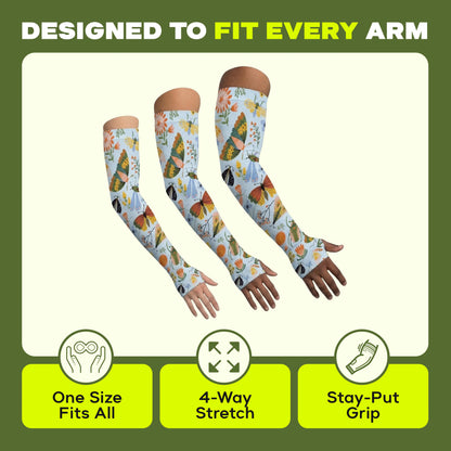 Showcasing three different-sized arms adorned with ARMORAY Armoray® Garden Collection Arm Sleeves — Designed to Delight Outdoors, the image emphasizes features such as “One Size Fits All,” “4-Way Stretch,” and “Stay-Put Grip.” These UPF 50+ sleeves offer stylish and comfortable sun protection for every gardener.