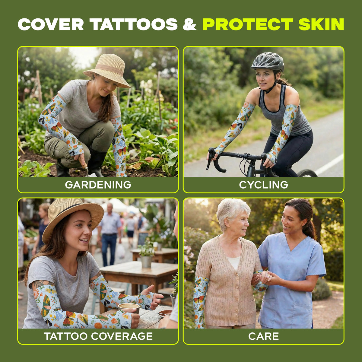 Four women wearing ARMORAY Armoray® Garden Collection Arm Sleeves — Designed to Delight Outdoors in vibrant colors while gardening, cycling, dining al fresco, and strolling with a nurse; text highlights tattoo coverage, UPF 50+ sun protection, and full skin coverage.