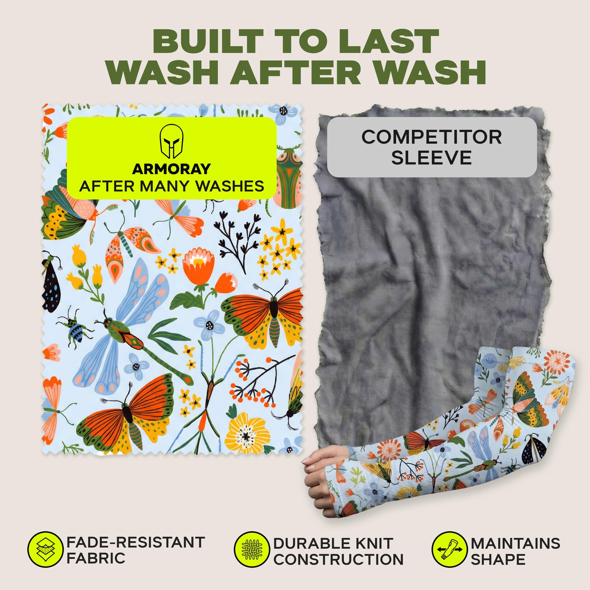 After washing, the ARMORAY® Garden Collection Arm Sleeve (left) by ARMORAY remains vibrant and intact, while the competitor’s sleeve (right) appears faded and damaged. Three icons below emphasize benefits such as superior sun protection.