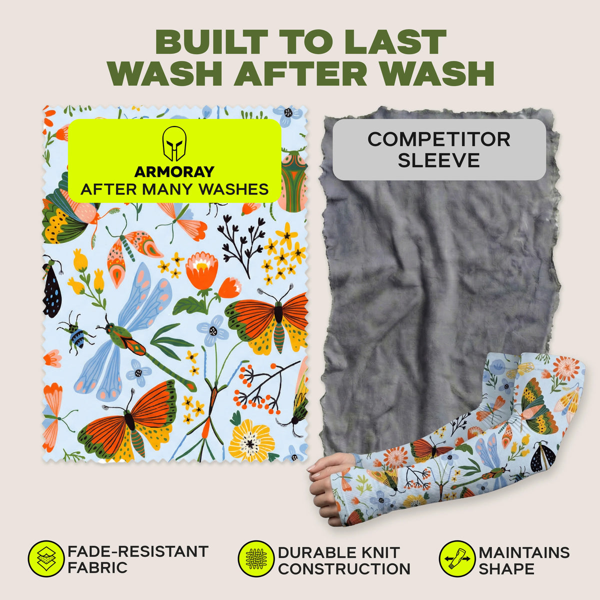 After washing, the ARMORAY® Garden Collection Arm Sleeve (left) by ARMORAY remains vibrant and intact, while the competitor’s sleeve (right) appears faded and damaged. Three icons below emphasize benefits such as superior sun protection.