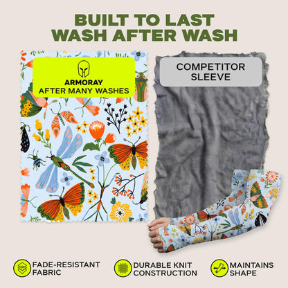 After washing, the ARMORAY® Garden Collection Arm Sleeve (left) by ARMORAY remains vibrant and intact, while the competitor’s sleeve (right) appears faded and damaged. Three icons below emphasize benefits such as superior sun protection.