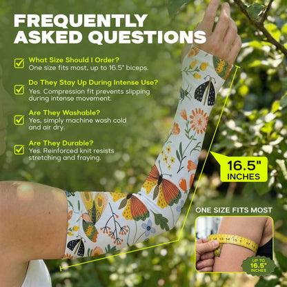 Wearing the Armoray® Garden Collection Arm Sleeves by ARMORAY, a person shows off the butterfly-patterned design outdoors. The accompanying text highlights features such as UPF 50+ sun protection, flexible sizing that accommodates biceps up to 16.5″, durable and washable fabric, and all-day flexibility. A tape measure is shown wrapped around an arm for size reference.