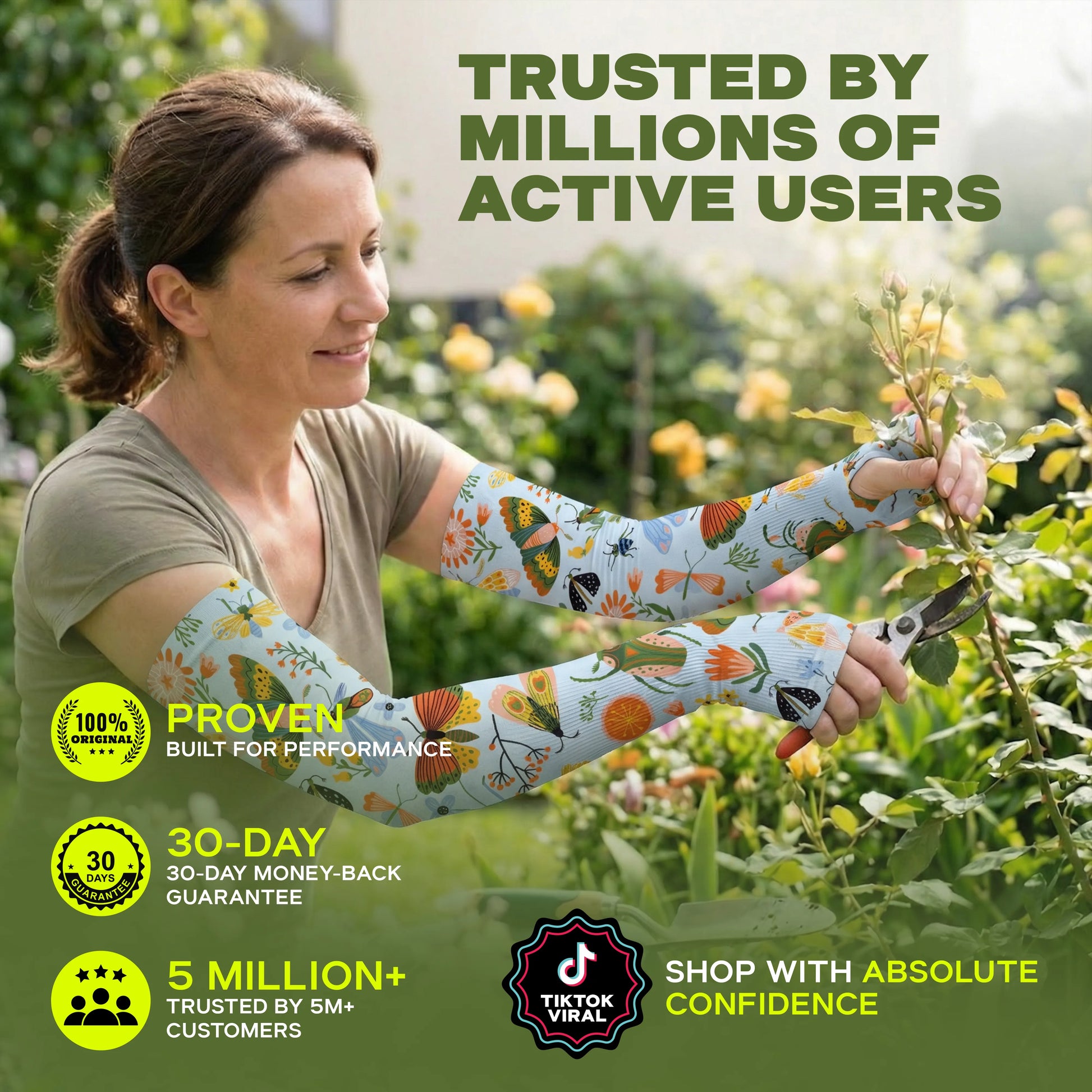 A woman trims plants with pruning shears in a garden while wearing ARMORAY’s Armoray® Garden Collection Arm Sleeves — Designed to Delight Outdoors, surrounded by promotional text highlighting their UPF 50+ sun protection.