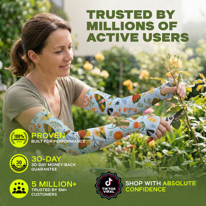 A woman trims plants with pruning shears in a garden while wearing ARMORAY’s Armoray® Garden Collection Arm Sleeves — Designed to Delight Outdoors, surrounded by promotional text highlighting their UPF 50+ sun protection.