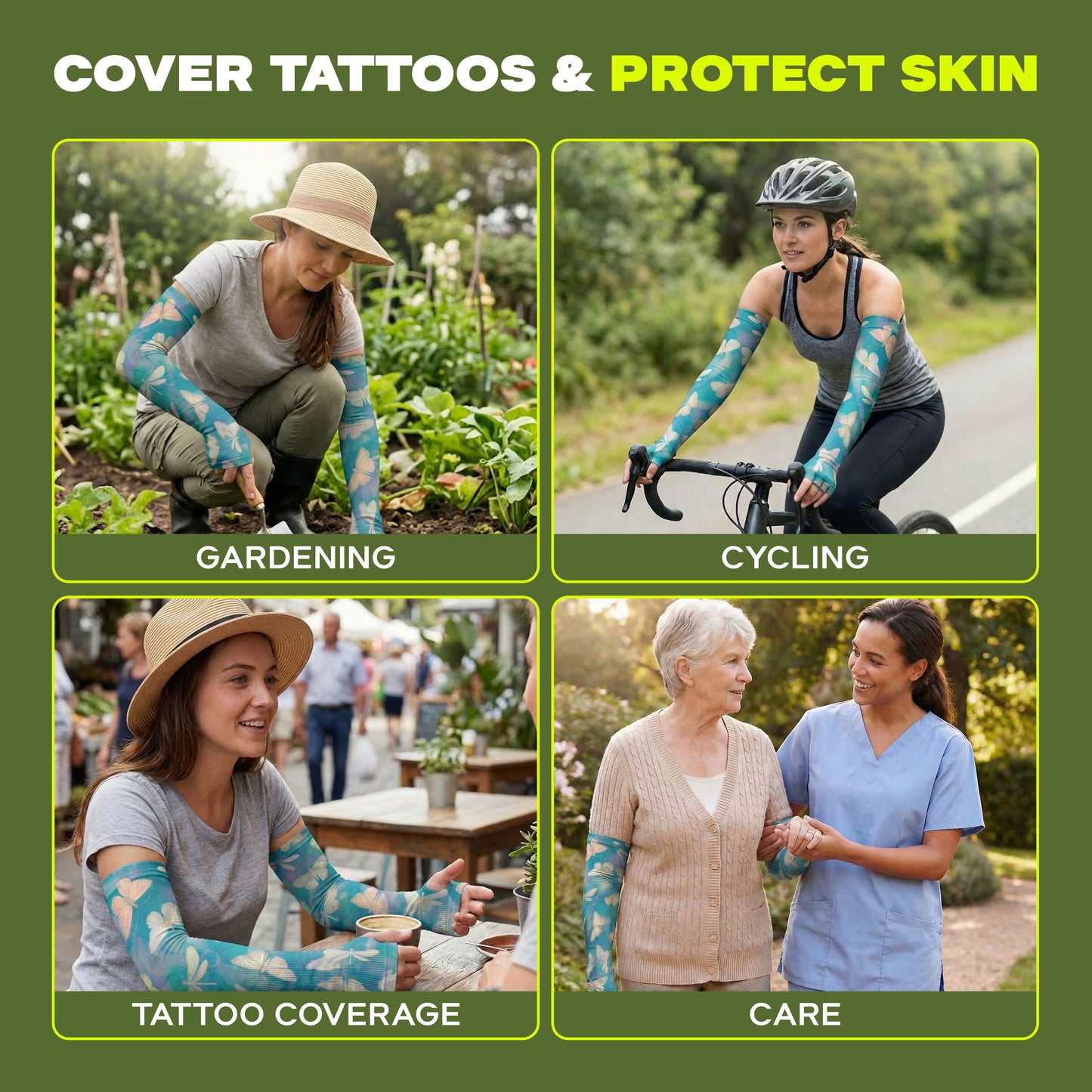 Four images show people enjoying gardening, cycling, dining outdoors, and connecting with others while wearing ARMORAY Basics Armoray® Garden Collection Arm Sleeves—designed to delight outdoors with tattoo coverage and UPF 50+ sun protection.