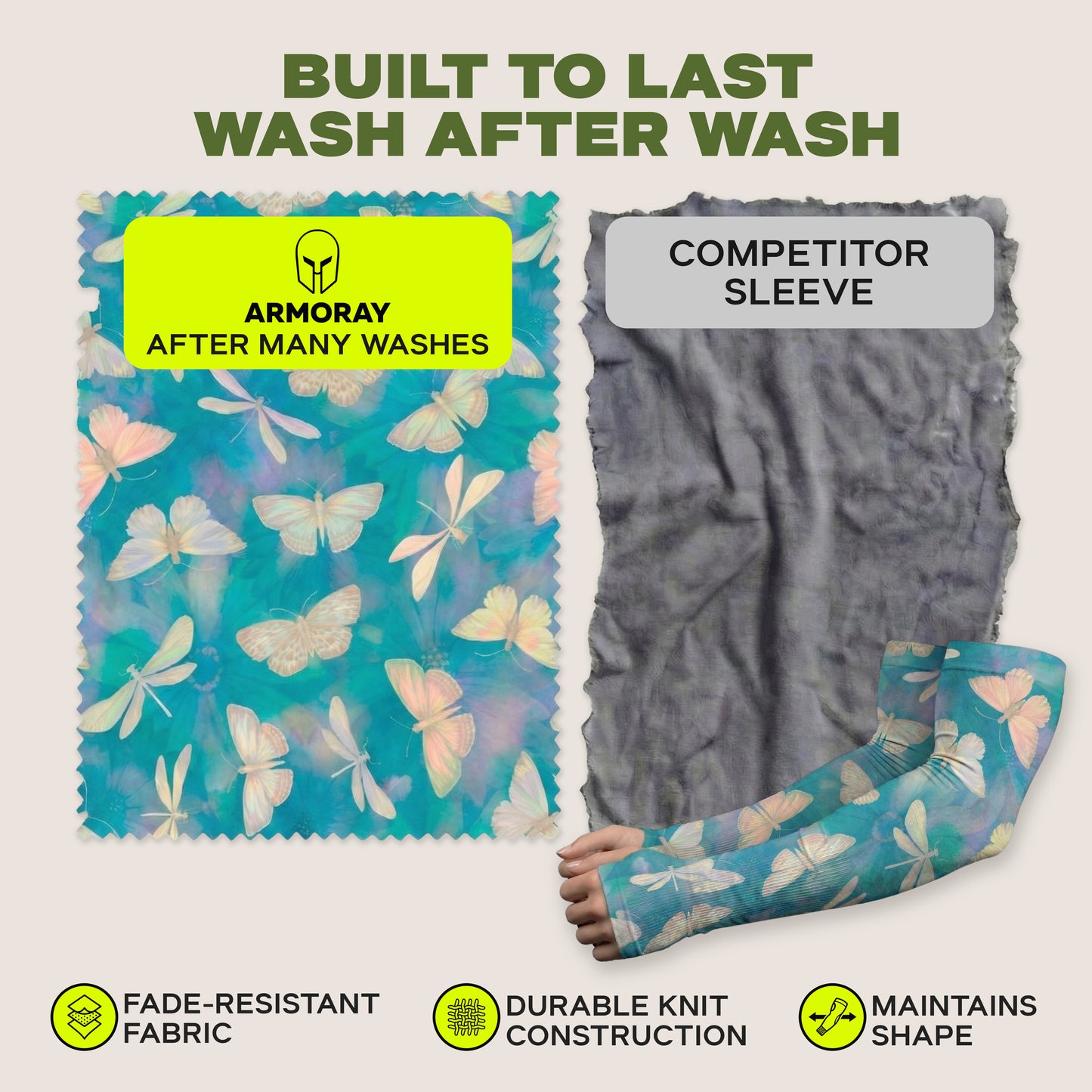 Two fabric samples: the Armoray® Garden Collection Arm Sleeve by ARMORAY Basics keeps vibrant butterfly designs and UPF 50+ sun protection, while the competitor's sleeve looks faded. Icons show fade resistance, durability, and lasting shape.