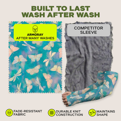 Two fabric samples: the Armoray® Garden Collection Arm Sleeve by ARMORAY Basics keeps vibrant butterfly designs and UPF 50+ sun protection, while the competitor's sleeve looks faded. Icons show fade resistance, durability, and lasting shape.