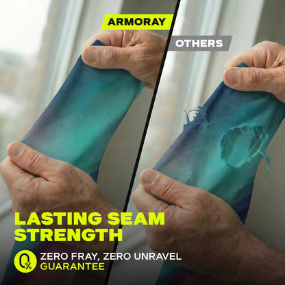 Two images showcase hands stretching fabric: the left fabric, labeled “ARMORAY,” remains intact—demonstrating the exceptional durability and seam strength of Armoray® Patterned Arm Sleeves (available in 35+ bold looks) with UPF 50+ sun protection—while the right fabric (“OTHERS”) appears torn and frayed. Text highlights the lasting quality of these premium ARMORAY sun protection arm sleeves.