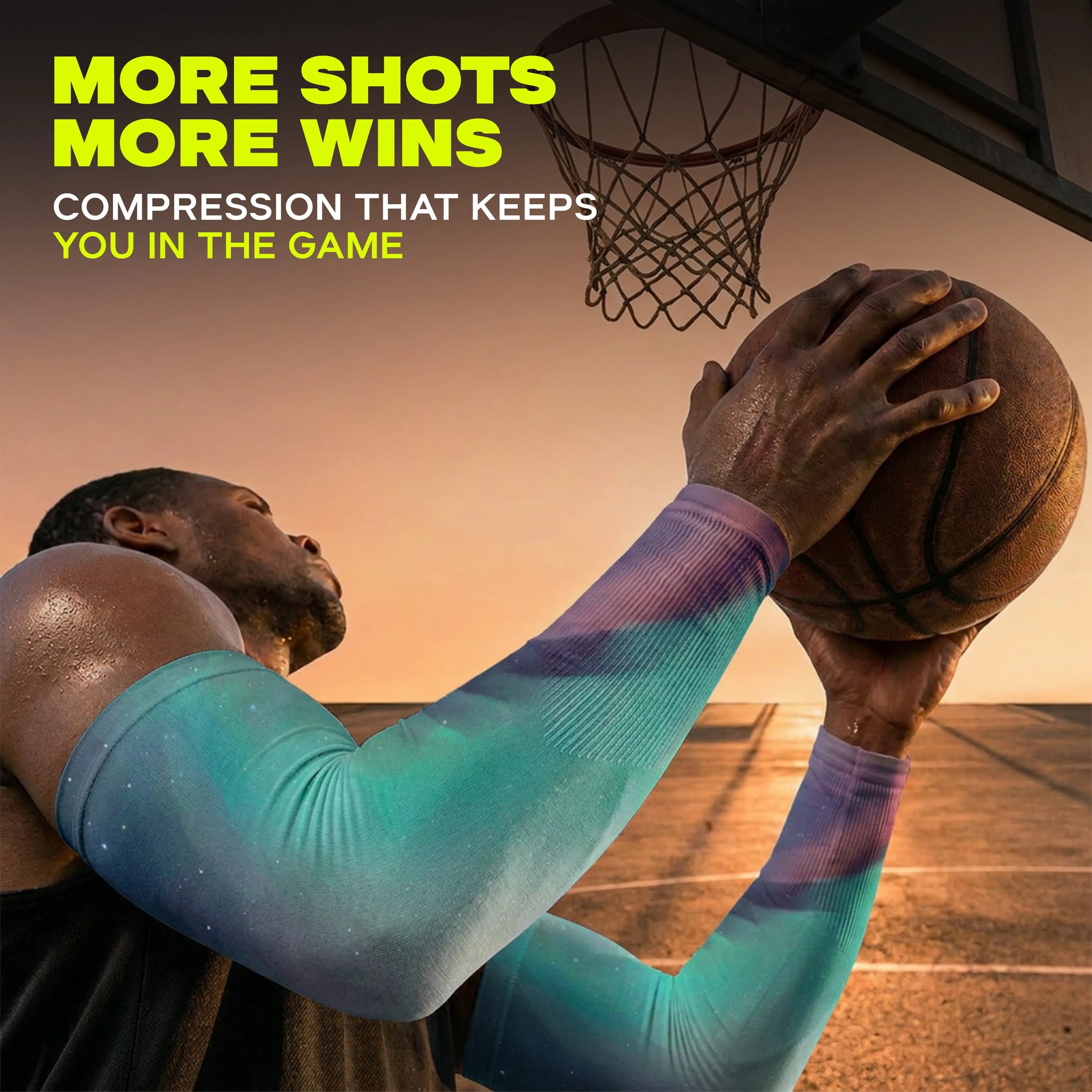 A basketball player aims for a shot at an outdoor hoop during sunset, sporting ARMORAY Armoray® Patterned Arm Sleeves — 35+ Bold Looks that offer UPF 50+ sun protection; promotional text overlay appears at the top left.