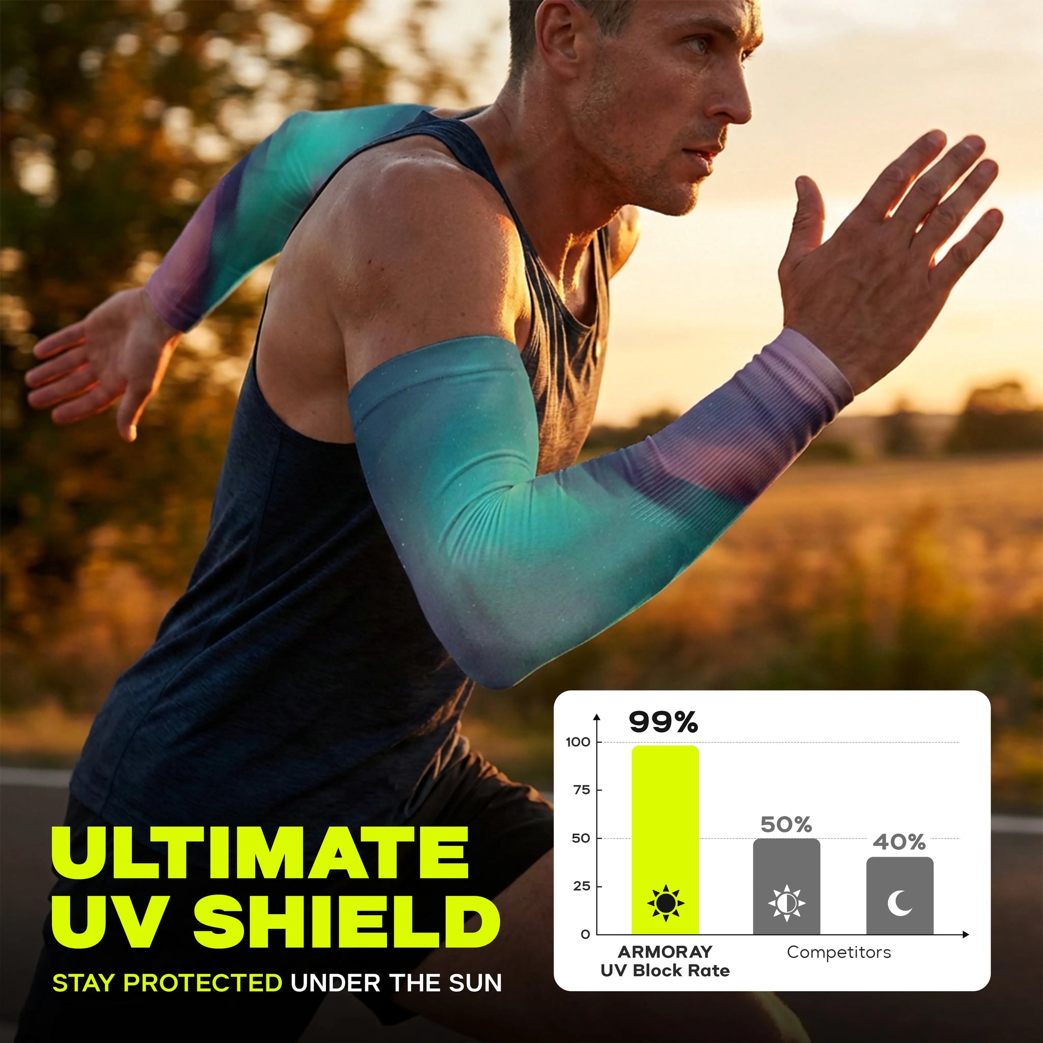 A man runs outdoors wearing vibrant Armoray® Patterned Arm Sleeves — 35+ Bold Looks, while an inset chart reveals ARMORAY sleeves block 99% of UV rays, surpassing competitors’ UPF 50%. Text reads: “Ultimate UV Shield. Stay protected under the sun.”.