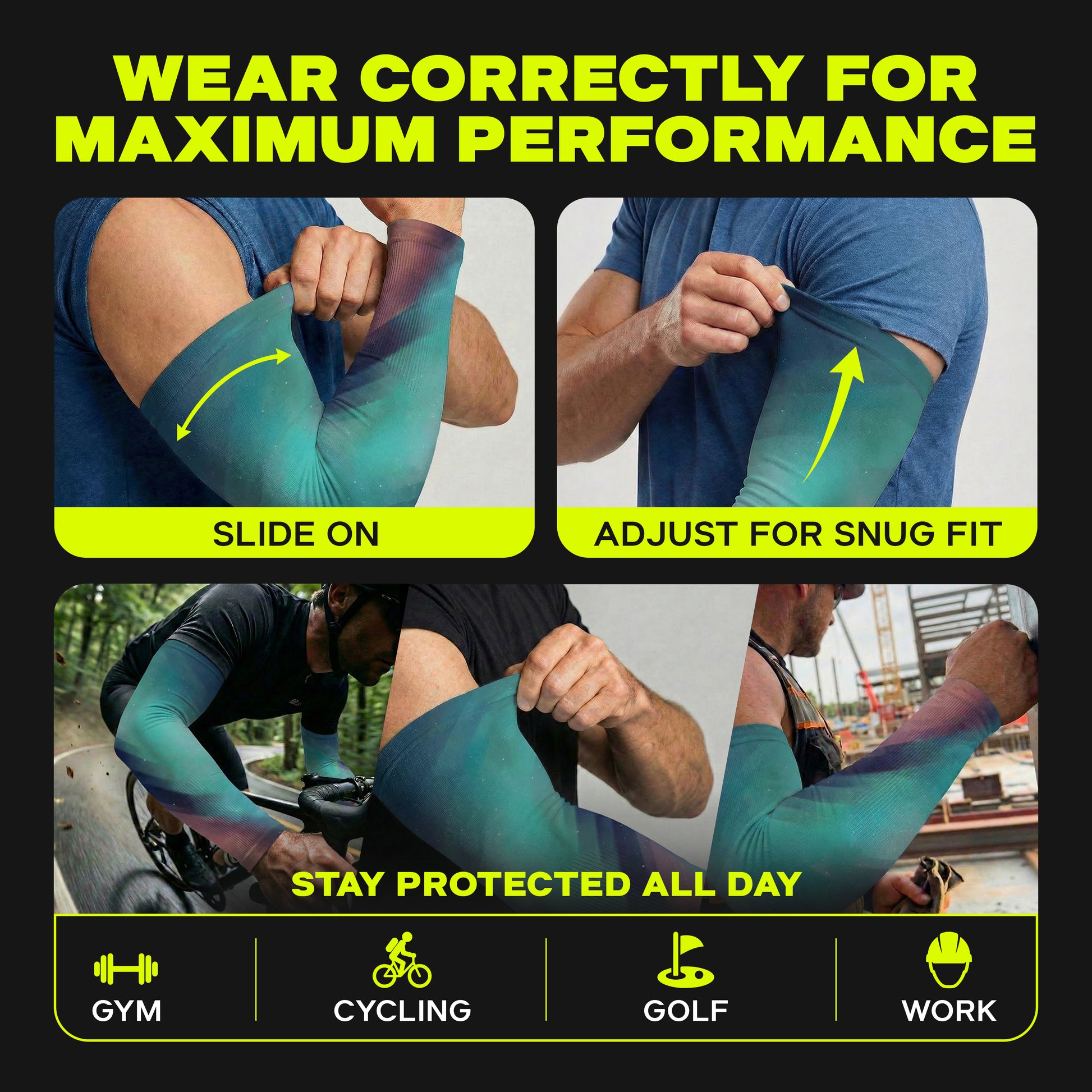 Armoray® Designer Arm Sleeves by ARMORAY Basics: instructional graphic shows how to wear for a snug fit, with images for gym, cycling, golf & work. Text highlights UPF 50+ sun protection for enhanced performance and comfort. 35+ bold looks.
