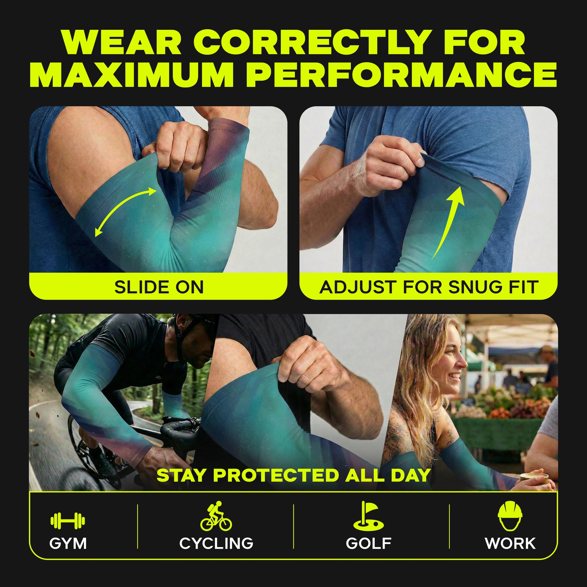 How to wear your ARMORAY Armoray® Patterned Arm Sleeves: simply slide on your chosen sleeve, adjust for the perfect fit, and experience UPF 50+ sun protection whether you’re at the gym, cycling, playing golf, or working outdoors. Follow the photos for step-by-step guidance and see how these 35+ bold styles complement everyday activities.