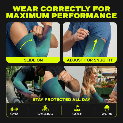 How to wear your ARMORAY Armoray® Patterned Arm Sleeves: simply slide on your chosen sleeve, adjust for the perfect fit, and experience UPF 50+ sun protection whether you’re at the gym, cycling, playing golf, or working outdoors. Follow the photos for step-by-step guidance and see how these 35+ bold styles complement everyday activities.
