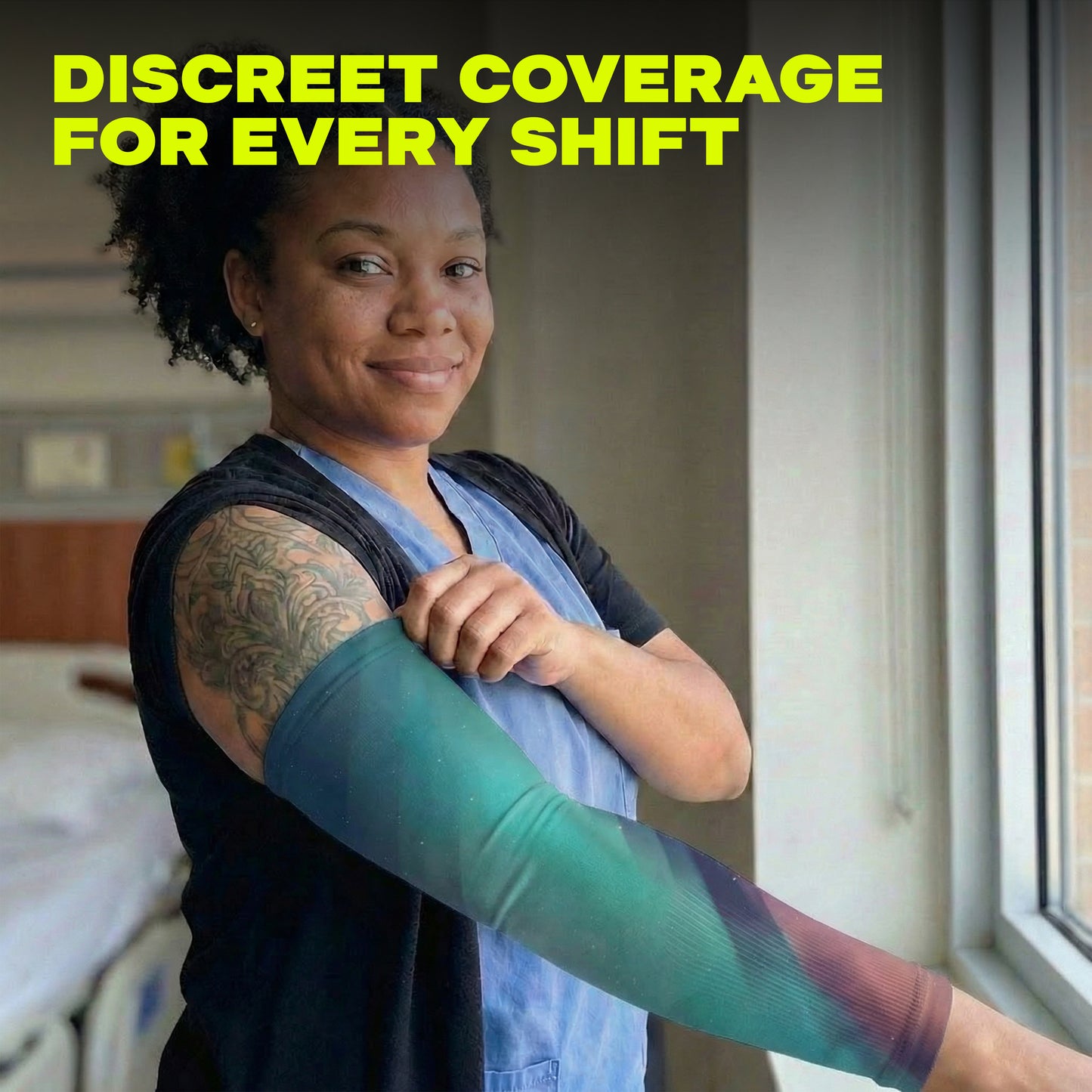 A woman in scrubs smiles by a window, wearing an ARMORAY Basics Armoray® Designer Arm Sleeve—offering discreet coverage and UPF 50+ sun protection. Text above: "35+ bold looks for every shift.