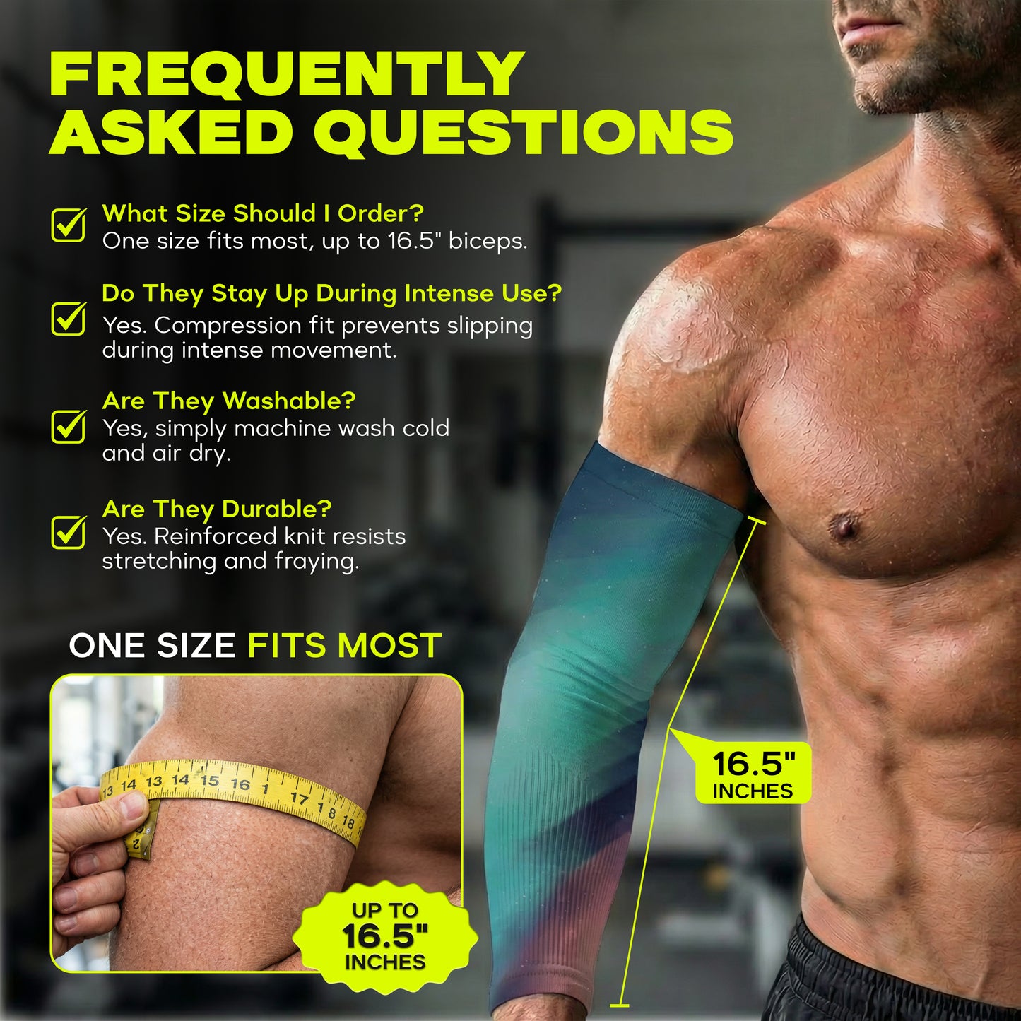 A muscular person wears an Armoray® Designer Arm Sleeve by ARMORAY Basics, featuring UPF 50+ sun protection, in bold colors and a tape measure around their bicep. FAQs cover sizing (fits arms up to 16.5"), durability, washability, and fit.