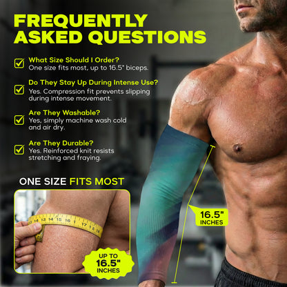 A muscular person wears an Armoray® Designer Arm Sleeve by ARMORAY Basics, featuring UPF 50+ sun protection, in bold colors and a tape measure around their bicep. FAQs cover sizing (fits arms up to 16.5"), durability, washability, and fit.