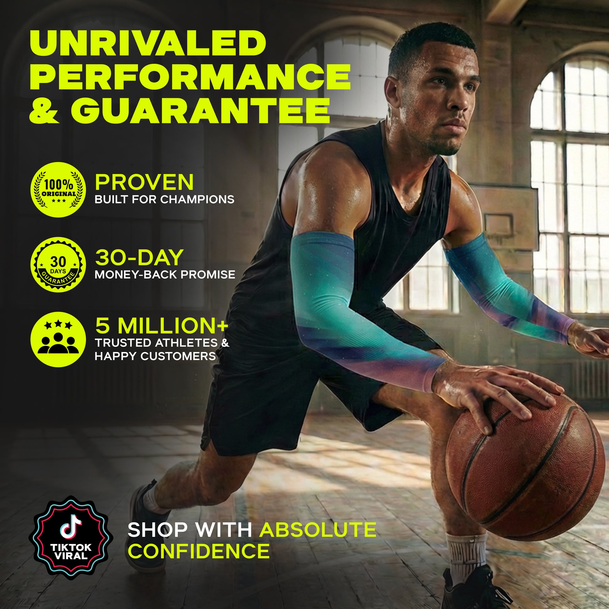 An athlete dribbles indoors, wearing Armoray® Designer Arm Sleeves by ARMORAY Basics—offering UPF 50+ protection in 35+ bold styles, backed by a 30-day money-back guarantee, over 5 million customers, and TikTok viral fame.