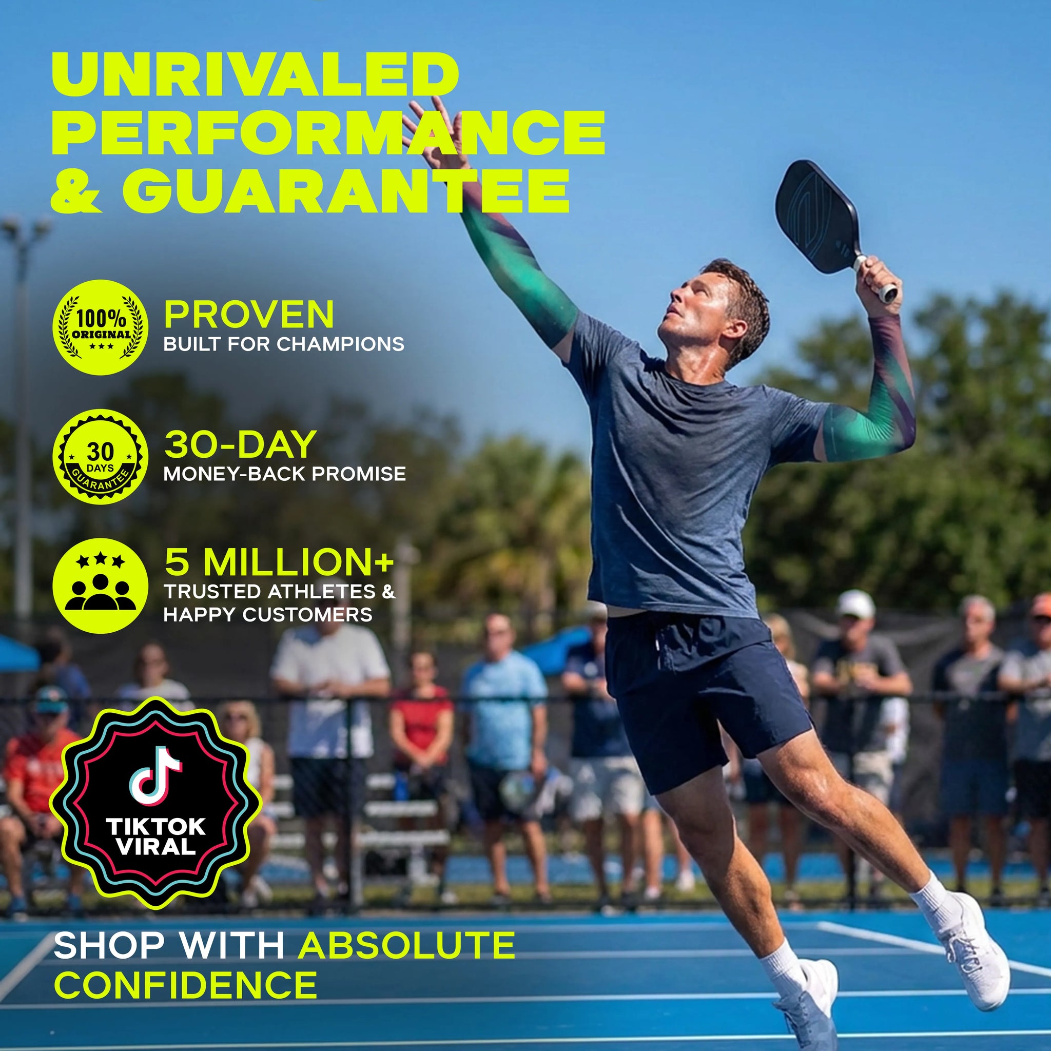 A man serves a tennis ball on an outdoor court, wearing ARMORAY Armoray® Patterned Arm Sleeves — available in 35+ bold looks — for stylish and effective sun protection. Text highlights a TikTok viral badge, customer satisfaction guarantees, and UPF 50+ coverage for safe play under the sun.