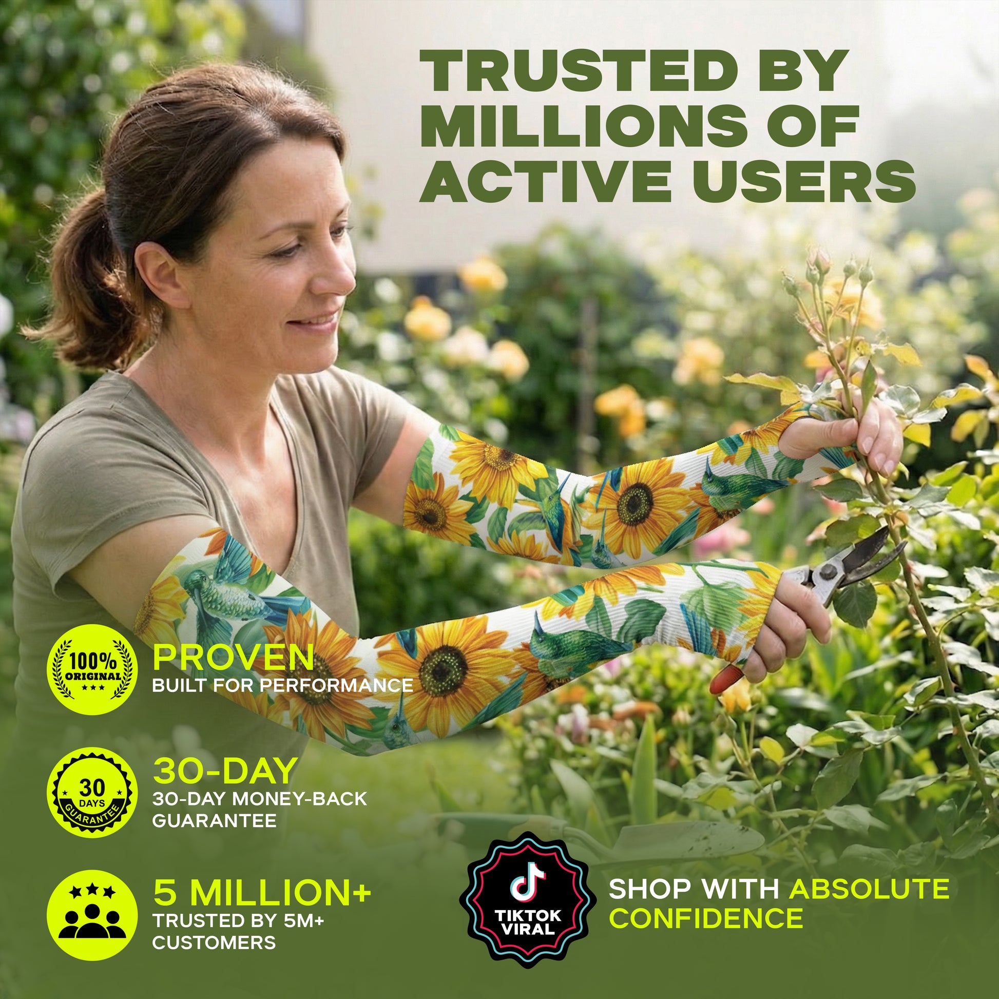 A woman wears Armoray® Garden Collection Arm Sleeves by ARMORAY Basics, featuring UPF 50+ and a sunflower pattern, as she uses pruning shears in the garden alongside text highlighting product guarantees and customer trust.