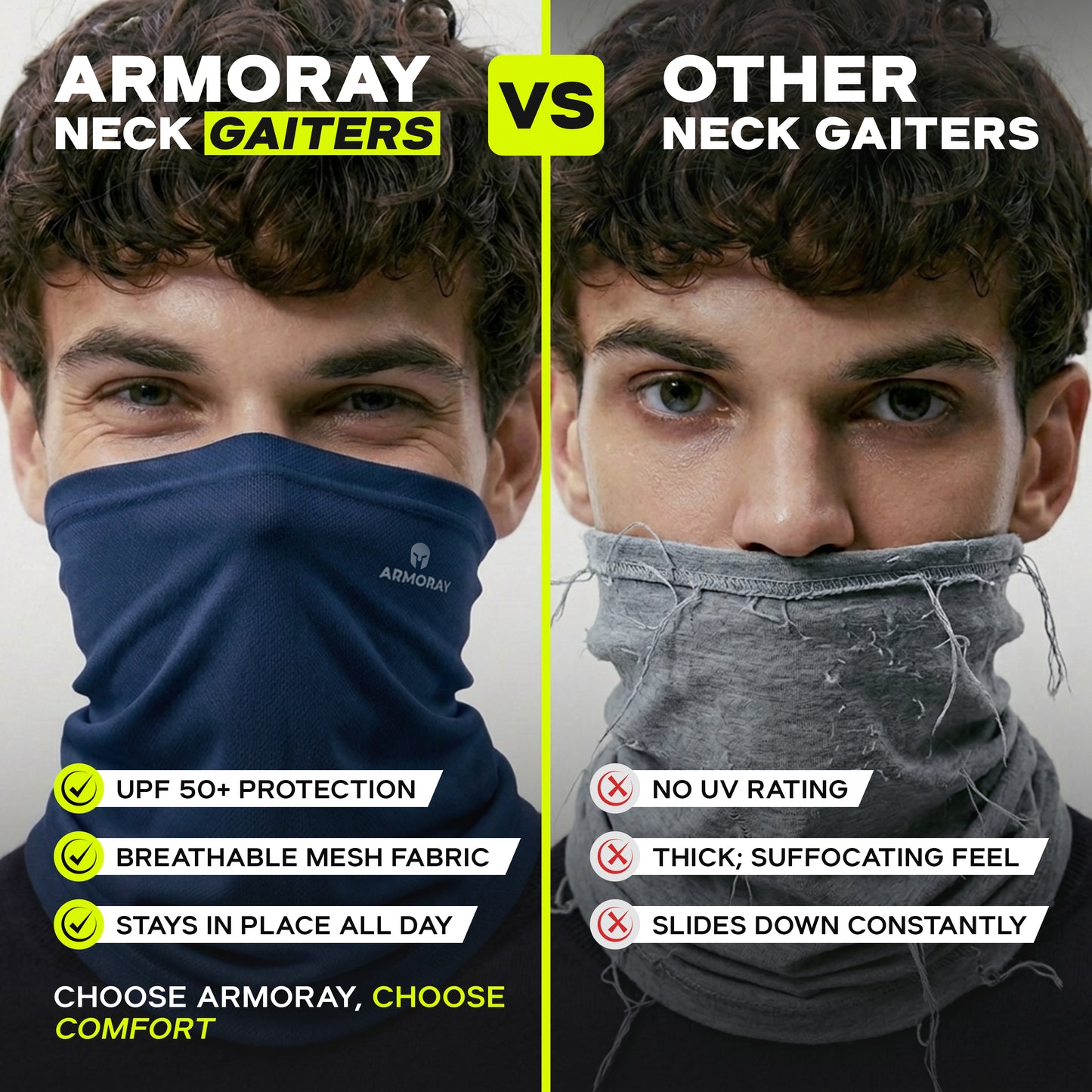 Split-screen comparison of two men wearing ARMORAY Basics PERFORMANCE TEK BANDANA: the left bandana fits smoothly and comfortably, while the right is rough and loose. Text emphasizes differences in comfort and protection.