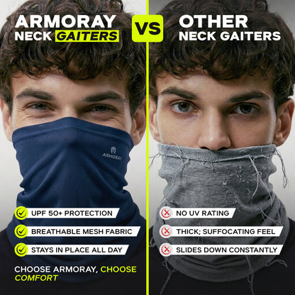 Split-screen comparison of two men wearing ARMORAY Basics PERFORMANCE TEK BANDANA: the left bandana fits smoothly and comfortably, while the right is rough and loose. Text emphasizes differences in comfort and protection.