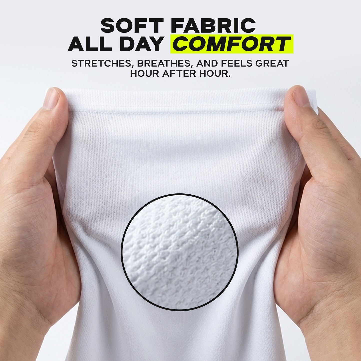 Two hands stretch a white PERFORMANCE TEK BANDANA by ARMORAY Basics, with a magnified circle showing its texture. Text above: "Soft, breathable comfort—like your favorite gaiter mask. Stretches and feels great all day.