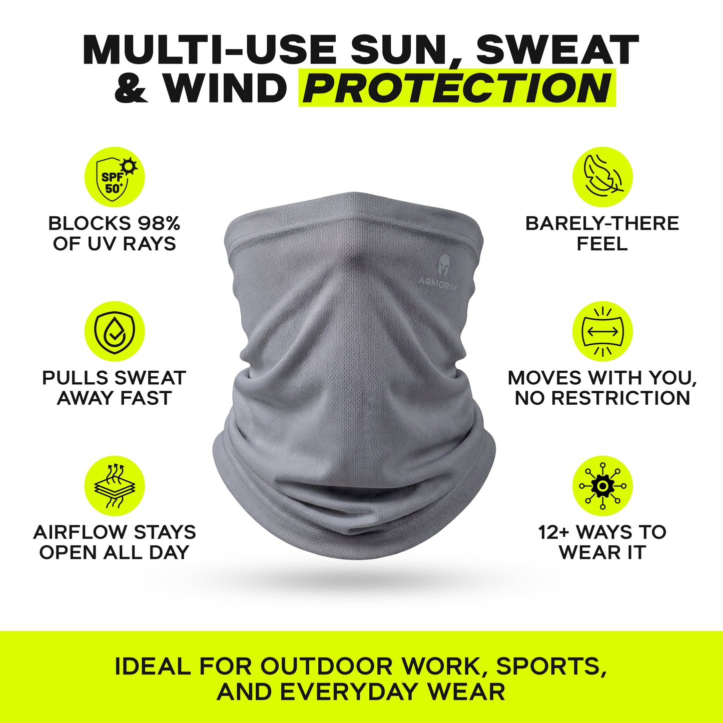 ARMORAY Basics PERFORMANCE TEK BANDANA shown with icons and text showcasing UV protection, sweat-wicking, breathable comfort, lightweight design, versatility, and suitability as a performance bandana for outdoor activities.