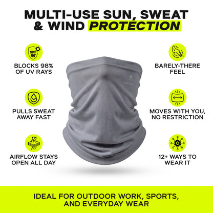 ARMORAY Basics PERFORMANCE TEK BANDANA shown with icons and text showcasing UV protection, sweat-wicking, breathable comfort, lightweight design, versatility, and suitability as a performance bandana for outdoor activities.