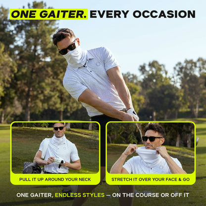 A man on a golf course shows off the ARMORAY Basics PERFORMANCE TEK BANDANA in versatile styles—around the neck and over the face—demonstrating its adaptability for active lifestyles.