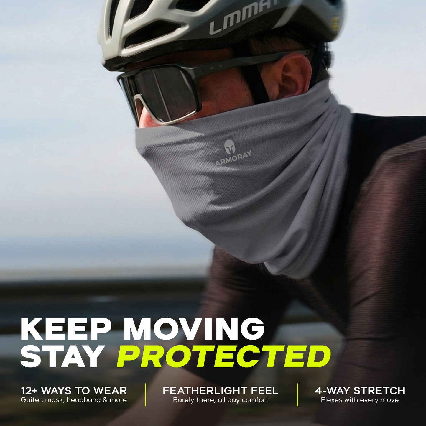 A cyclist sports an ARMORAY Basics PERFORMANCE TEK BANDANA and helmet. The bandana offers protection, versatility, lightweight comfort, and 4-way stretch—ideal for active lifestyles.