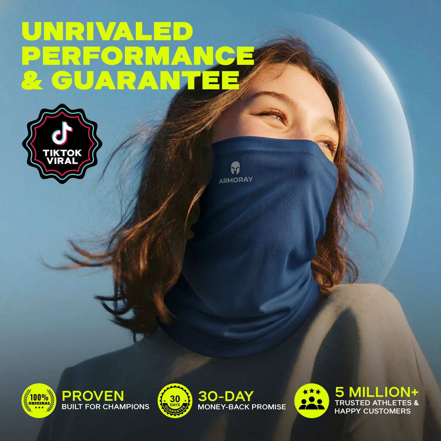 A young woman outdoors wears the blue ARMORAY Basics PERFORMANCE TEK BANDANA, showcasing superior performance, trusted guarantees, and outstanding customer satisfaction.