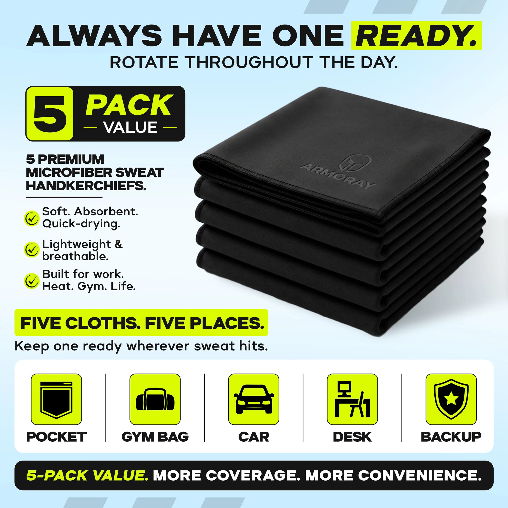 Stack of five black Armoray® Sweat Absorbing Handkerchiefs—UltraSoft, reusable microfiber towels by ARMORAY—featuring text that highlights their superior absorbency for gym workouts, quick-drying convenience, and versatile suggested uses such as pocket, gym bag, car, desk, or as a backup. An ideal alternative to traditional cotton towels, each handkerchief combines high-performance sweat absorption with everyday practicality wherever you need it most.