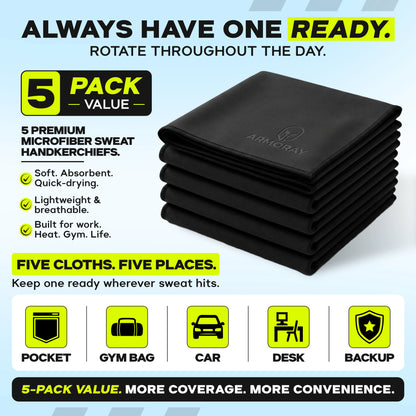 Stack of five black Armoray® Sweat Absorbing Handkerchiefs—UltraSoft, reusable microfiber towels by ARMORAY—featuring text that highlights their superior absorbency for gym workouts, quick-drying convenience, and versatile suggested uses such as pocket, gym bag, car, desk, or as a backup. An ideal alternative to traditional cotton towels, each handkerchief combines high-performance sweat absorption with everyday practicality wherever you need it most.