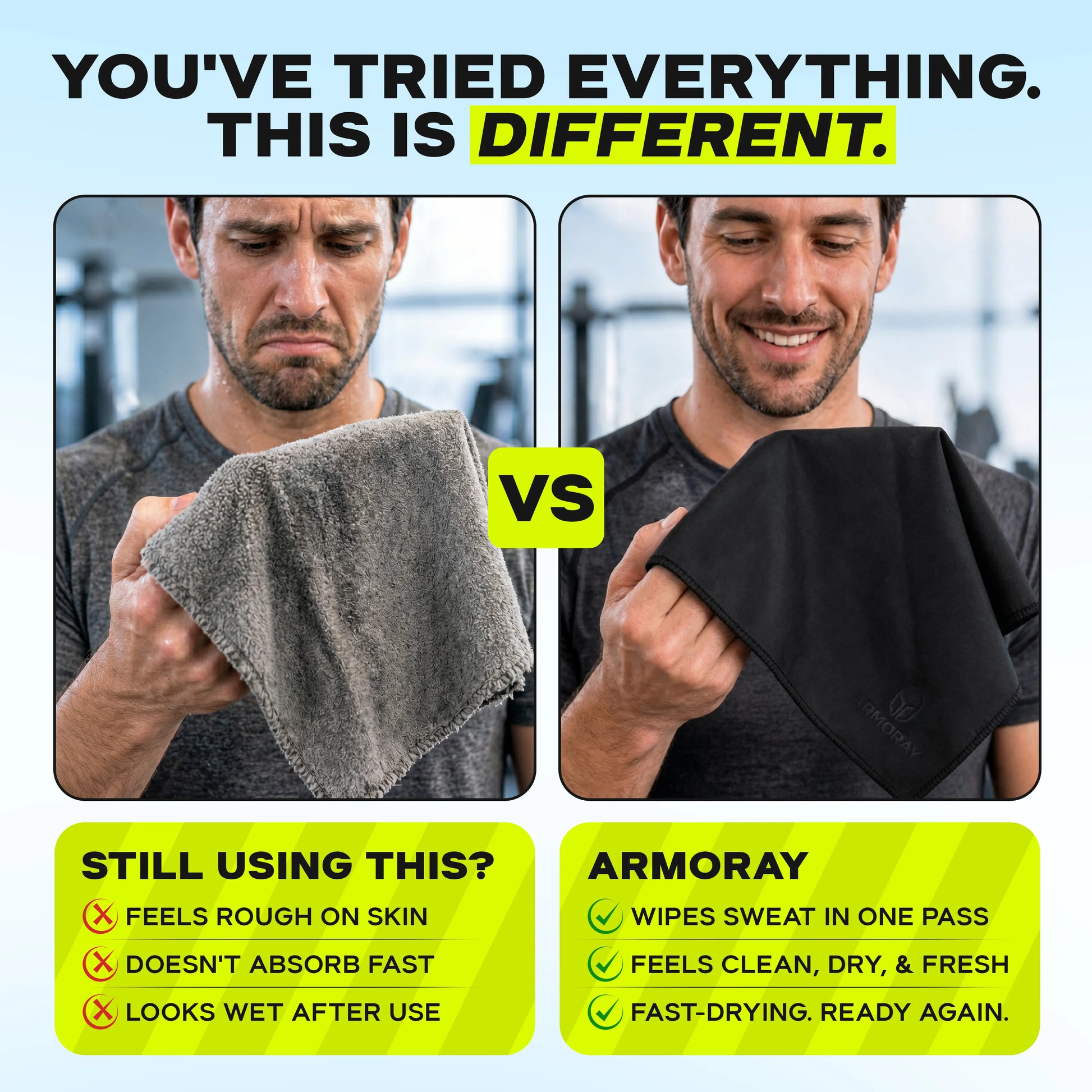 A man appears dissatisfied with an old gray cotton towel, but then smiles while using a black towel. A comparison highlights the benefits and drawbacks of each towel and explains how they compare to the Armoray® Sweat Absorbing Handkerchief – UltraSoft, Reusable Sweat Towel by ARMORAY for gym workouts.