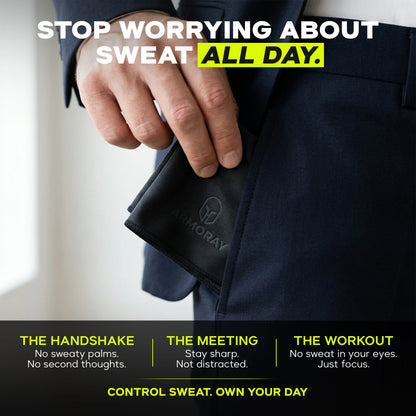 A person in a suit holds an ARMORAY Sweat Absorbing Handkerchief – UltraSoft, Reusable Sweat Towel; text highlights staying confident and dry during handshakes, meetings, and gym workouts.