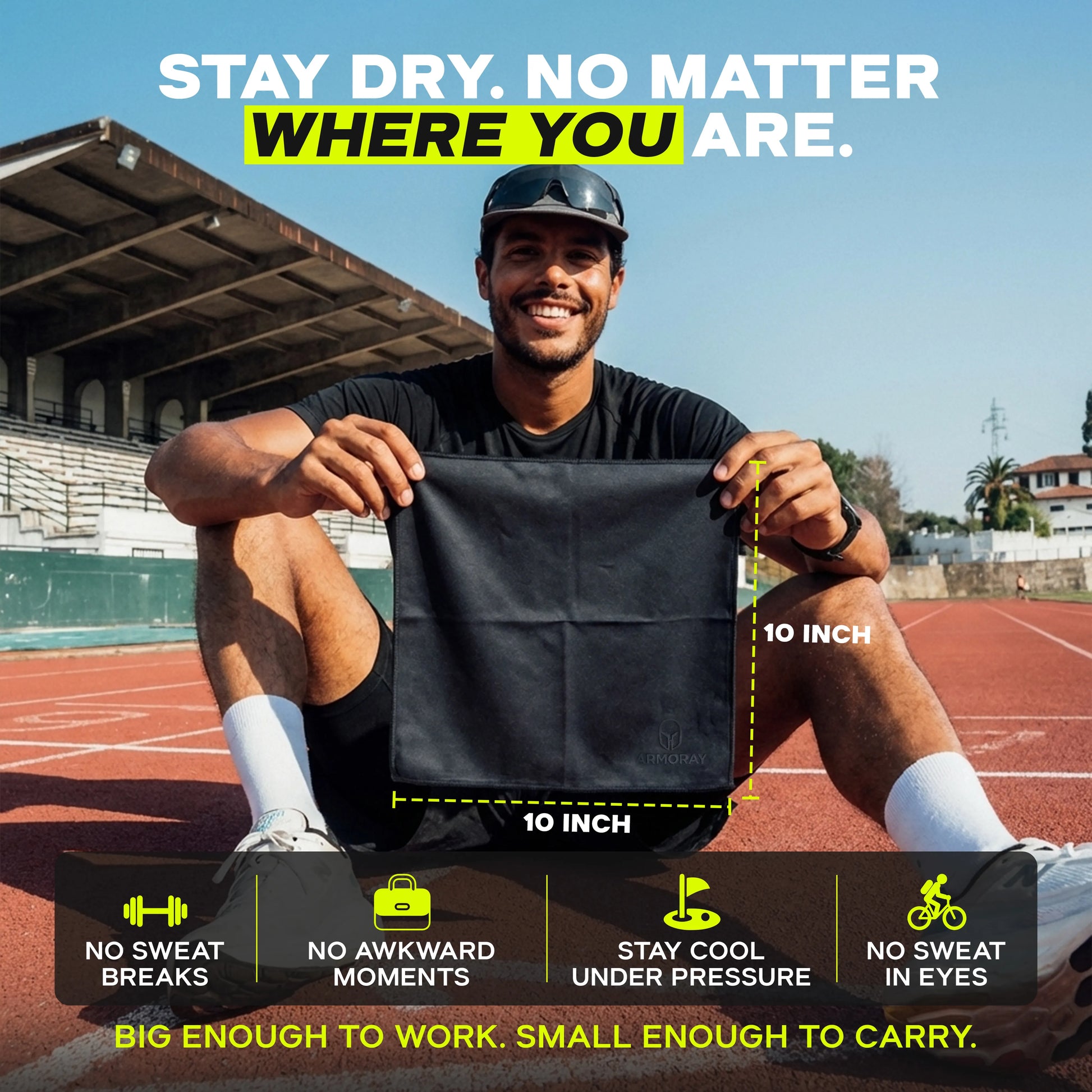A man sits on a running track holding an ARMORAY Sweat Absorbing Handkerchief – UltraSoft, Reusable Sweat Towel (10x10 inch, black cotton), with stadium seats in the background and promotional text highlighting its advanced sweat absorbing features for gym workouts displayed around him.