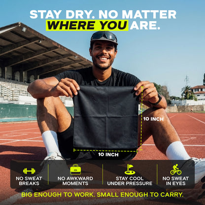 A man sits on a running track holding an ARMORAY Sweat Absorbing Handkerchief – UltraSoft, Reusable Sweat Towel (10x10 inch, black cotton), with stadium seats in the background and promotional text highlighting its advanced sweat absorbing features for gym workouts displayed around him.