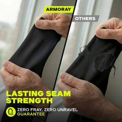 Split image illustrating hands stretching two fabrics: on the left, “ARMORAY® Thumbhole Arm Sleeves — Designed for Total Protection” remain intact, while the right (“OTHERS”) shows fabric fraying and a hole. Text emphasizes ARMORAY’s lasting seam strength, guaranteeing extended hand coverage and dependable sun protection you can count on.